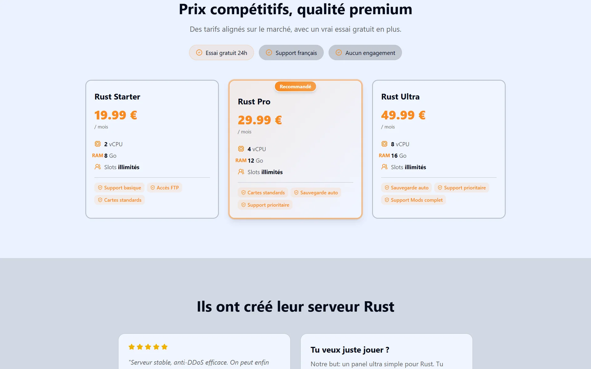 Die Rust-Server-Pakete: Starter 8 GB, Pro 12 GB, Ultra 16 GB — gehostet in Frankreich