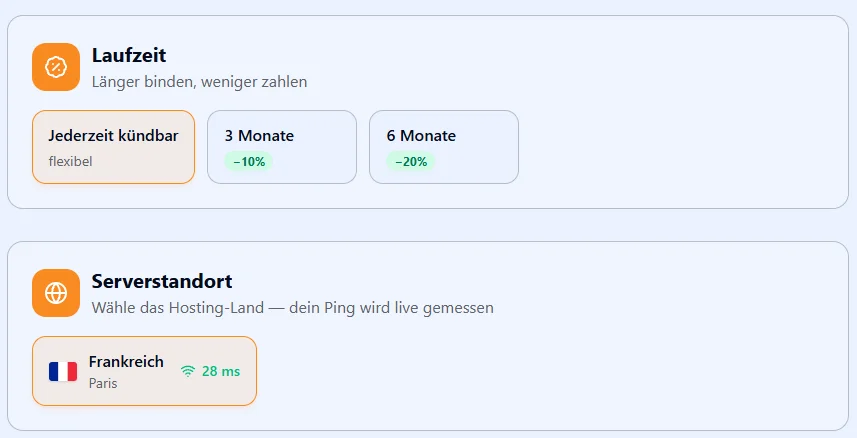 Eokko-Konfigurator: Laufzeit (jederzeit kündbar, 3 Monate −10 %, 6 Monate −20 %), Server in Frankreich und automatische Updates