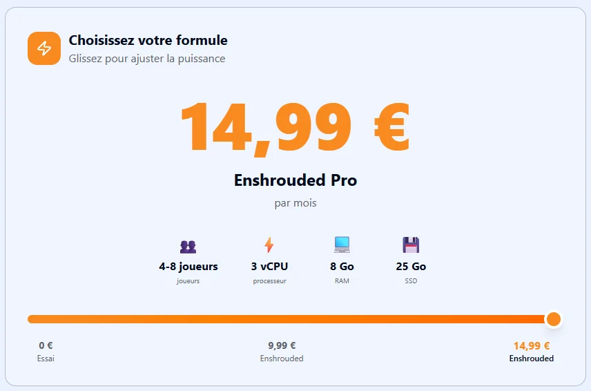 Configurateur Eokko : formule Enshrouded Pro, 8 Go de RAM, 3 vCPU, 25 Go SSD, 14,99 € par mois
