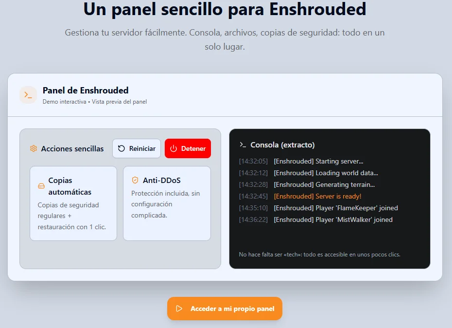 Panel de Eokko para Enshrouded: reinicio, copias de seguridad automáticas, anti-DDoS y consola en directo