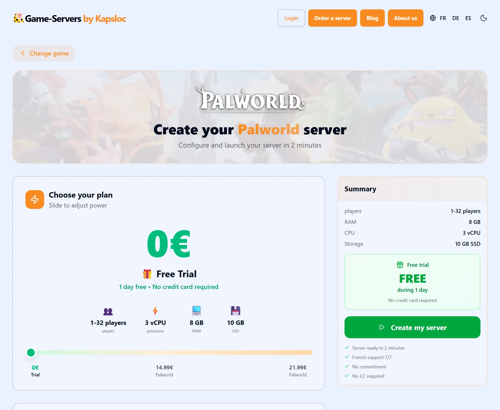 Configure and launch a Palworld server in 2 minutes with a free trial, no credit card required