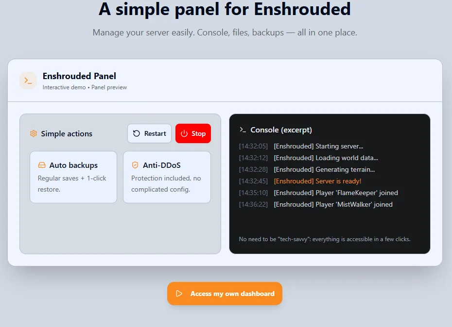 Eokko panel for Enshrouded: restart, automatic backups, DDoS protection and live console