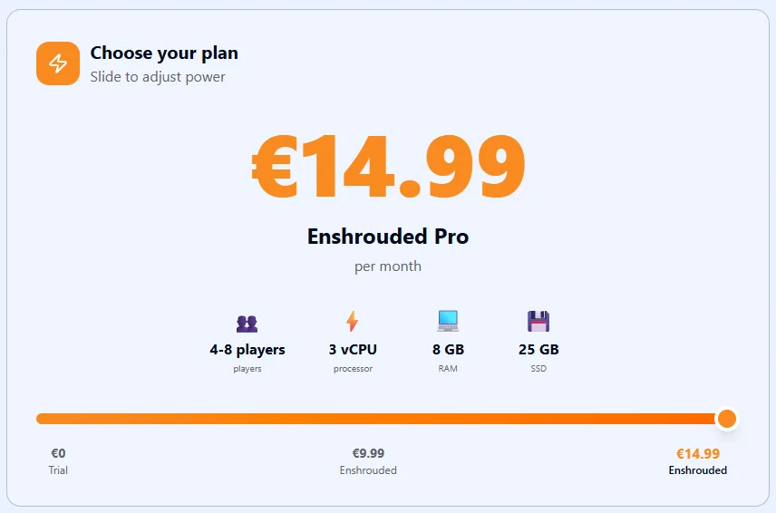 Eokko configurator: Enshrouded Pro plan, 8 GB RAM, 3 vCPU, 25 GB SSD, ā¬14.99 per month