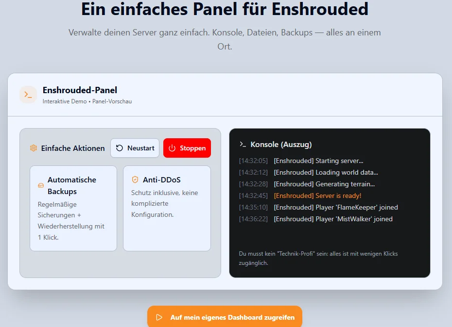 Eokko-Panel für Enshrouded: Neustart, automatische Backups, DDoS-Schutz und Live-Konsole