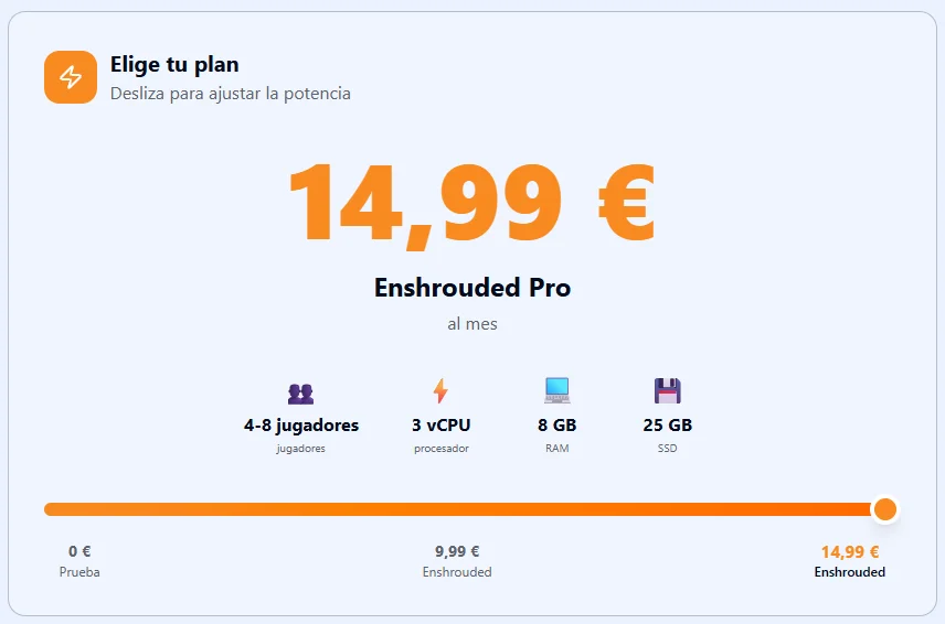 Configurador de Eokko: plan Enshrouded Pro, 8 GB de RAM, 3 vCPU, 25 GB SSD, 14,99 € al mes