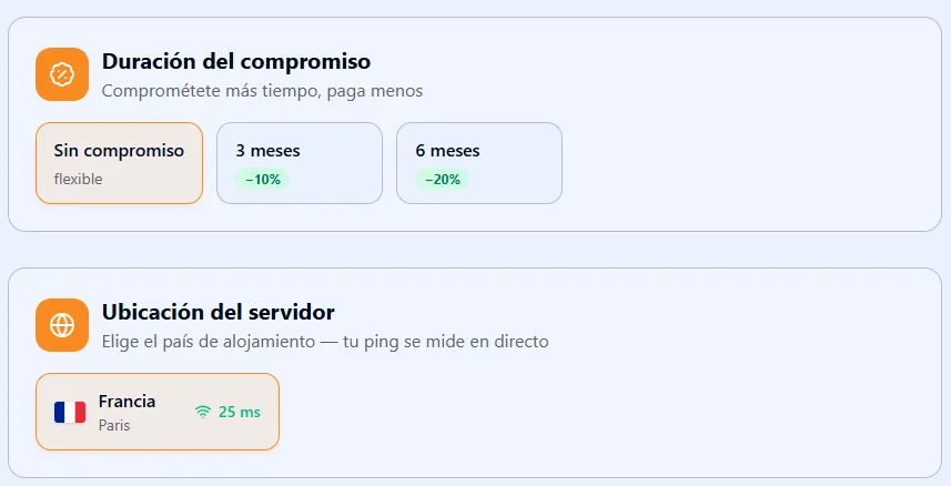 Configurador de Eokko: duración del compromiso (sin compromiso, 3 meses −10 %, 6 meses −20 %), servidor en Francia y actualización automática