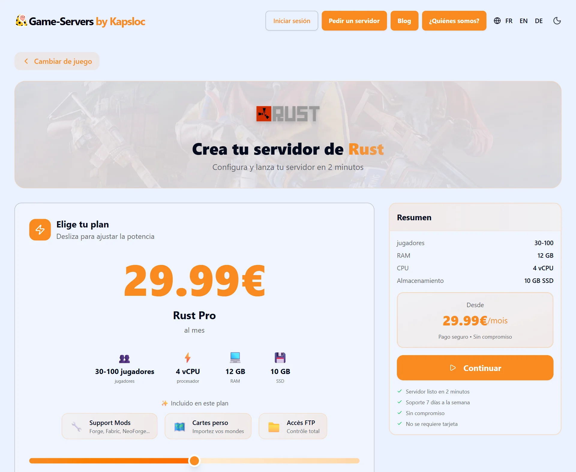 El configurador de servidor Rust: plan, mapa, jugadores — listo en 2 minutos