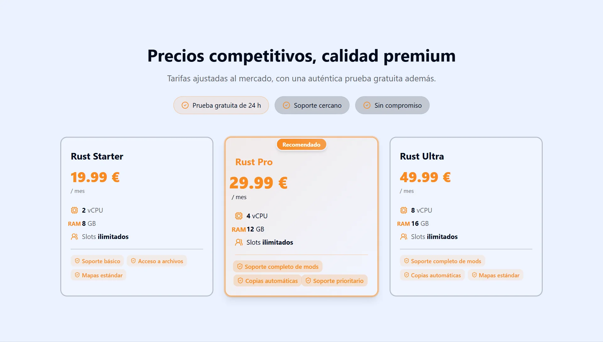 Los planes de servidor Rust: Starter 8 GB, Pro 12 GB, Ultra 16 GB — alojado en Francia