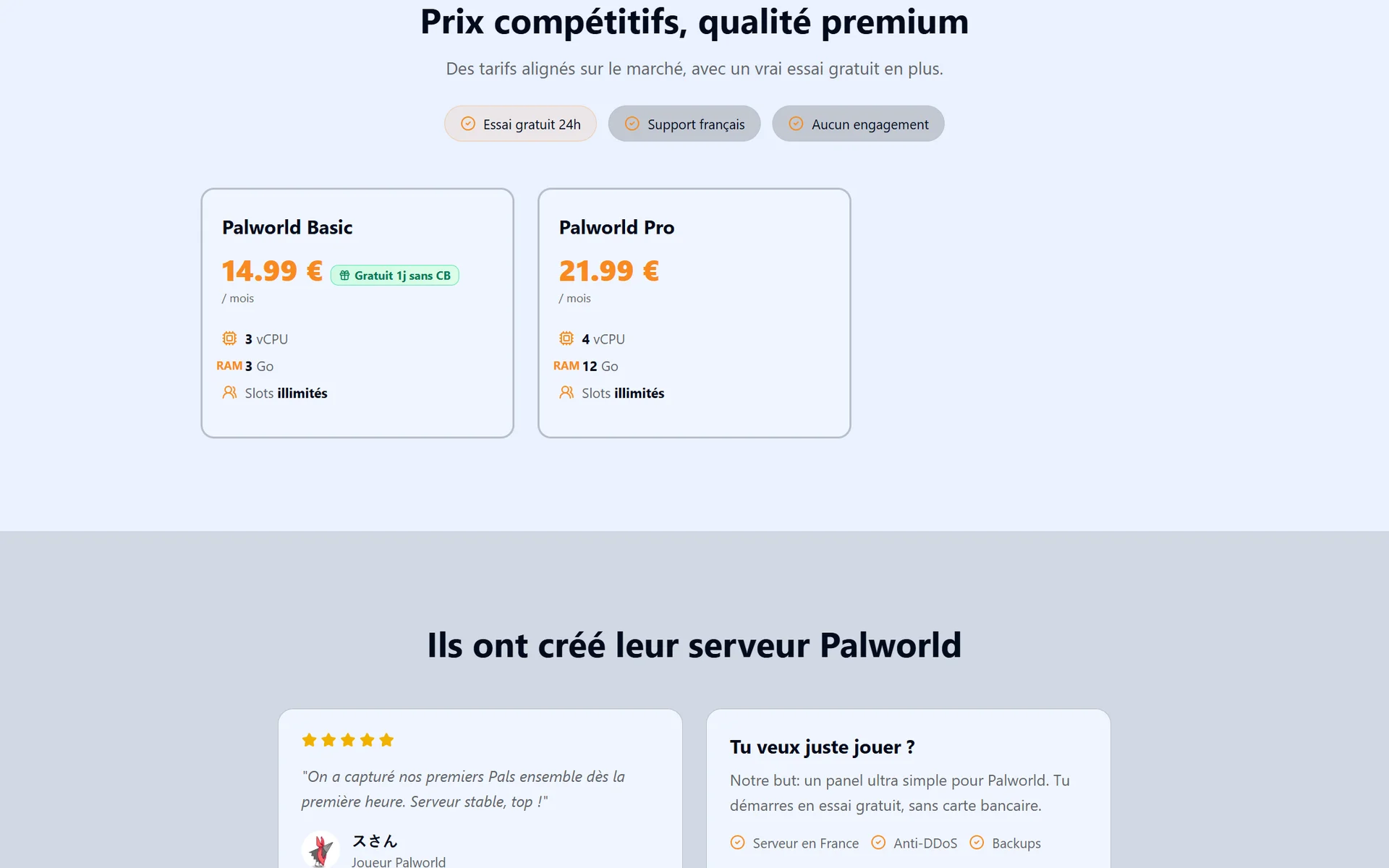 Preis eines Palworld-Servers: Basic-Paket für 14,99 € und Pro für 21,99 € pro Monat, 24 h kostenlos testen