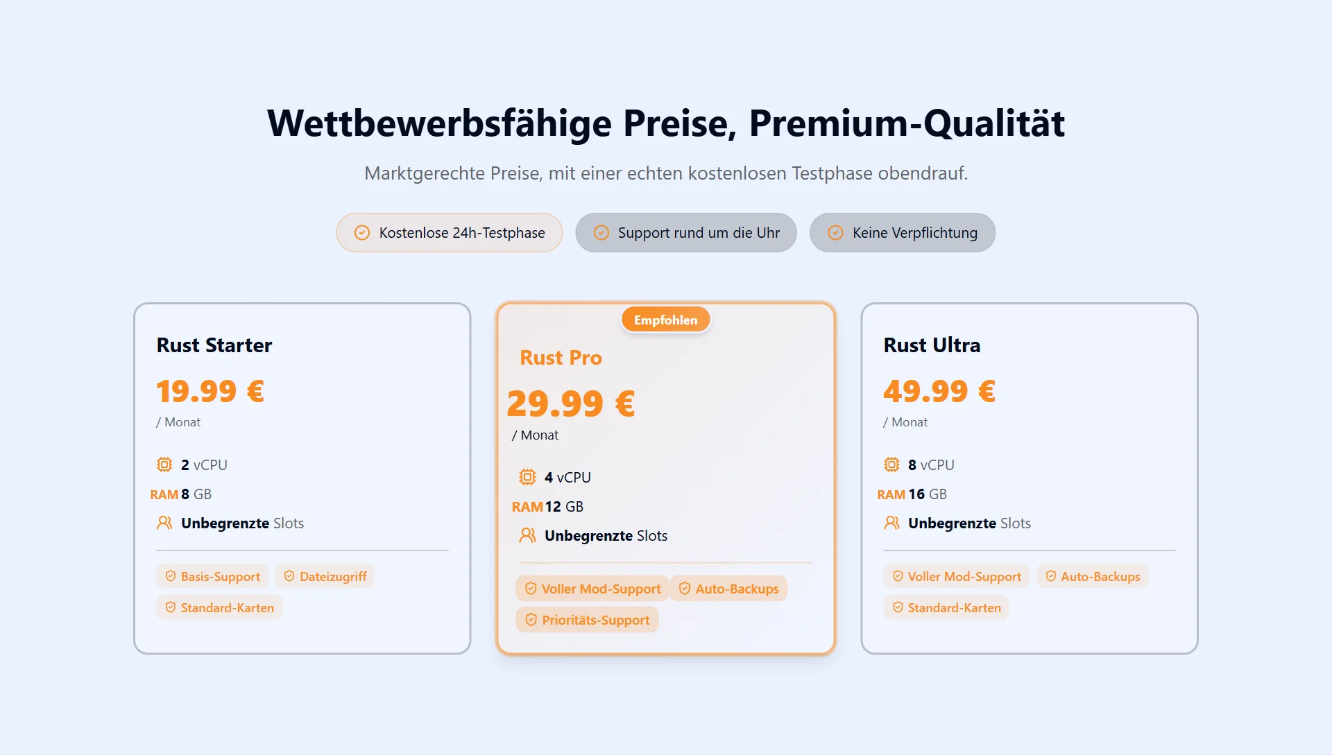 Die Rust-Server-Pakete: Starter 8 GB, Pro 12 GB, Ultra 16 GB — gehostet in Frankreich