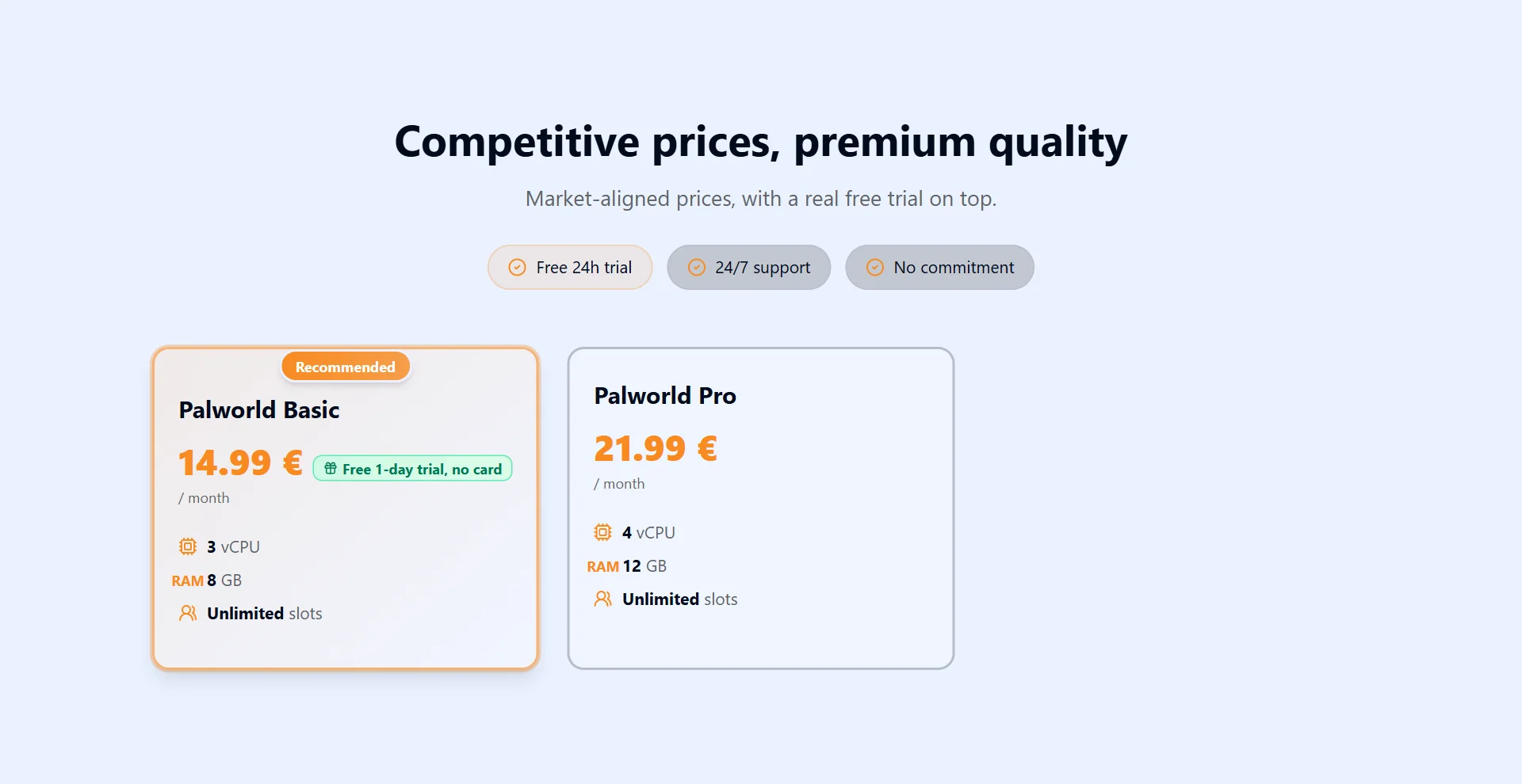 Palworld server pricing: Basic plan at €14.99 and Pro at €21.99 per month, 24-hour free trial