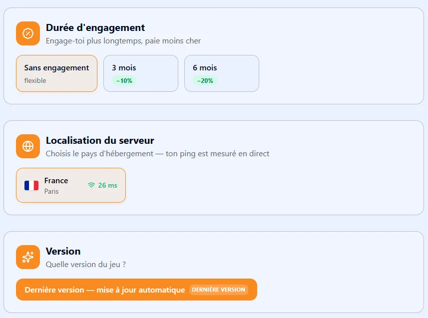 Configurateur Eokko : durée d'engagement (sans engagement, 3 mois −10 %, 6 mois −20 %), serveur en France et mise à jour automatique