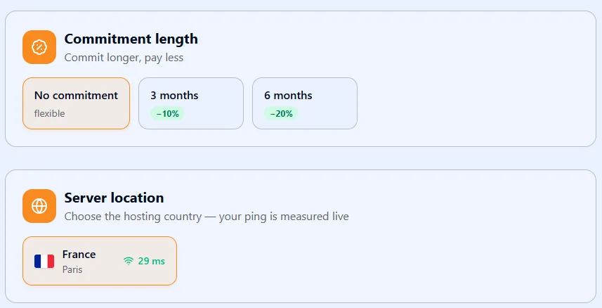 Eokko configurator: commitment length (no commitment, 3 months ā10%, 6 months ā20%), server in France and automatic updates