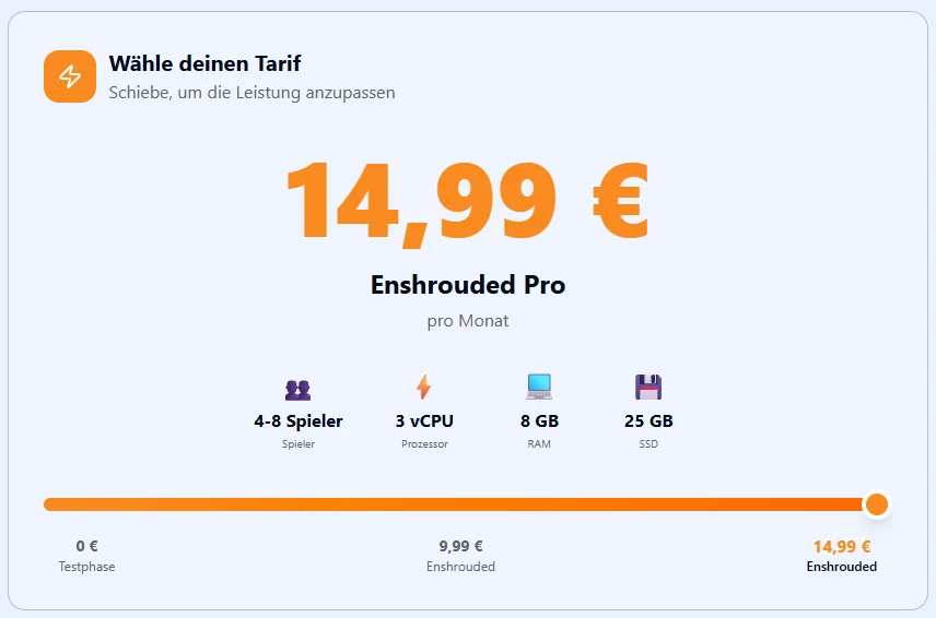 Eokko-Konfigurator: Tarif Enshrouded Pro, 8 GB RAM, 3 vCPU, 25 GB SSD, 14,99 € pro Monat