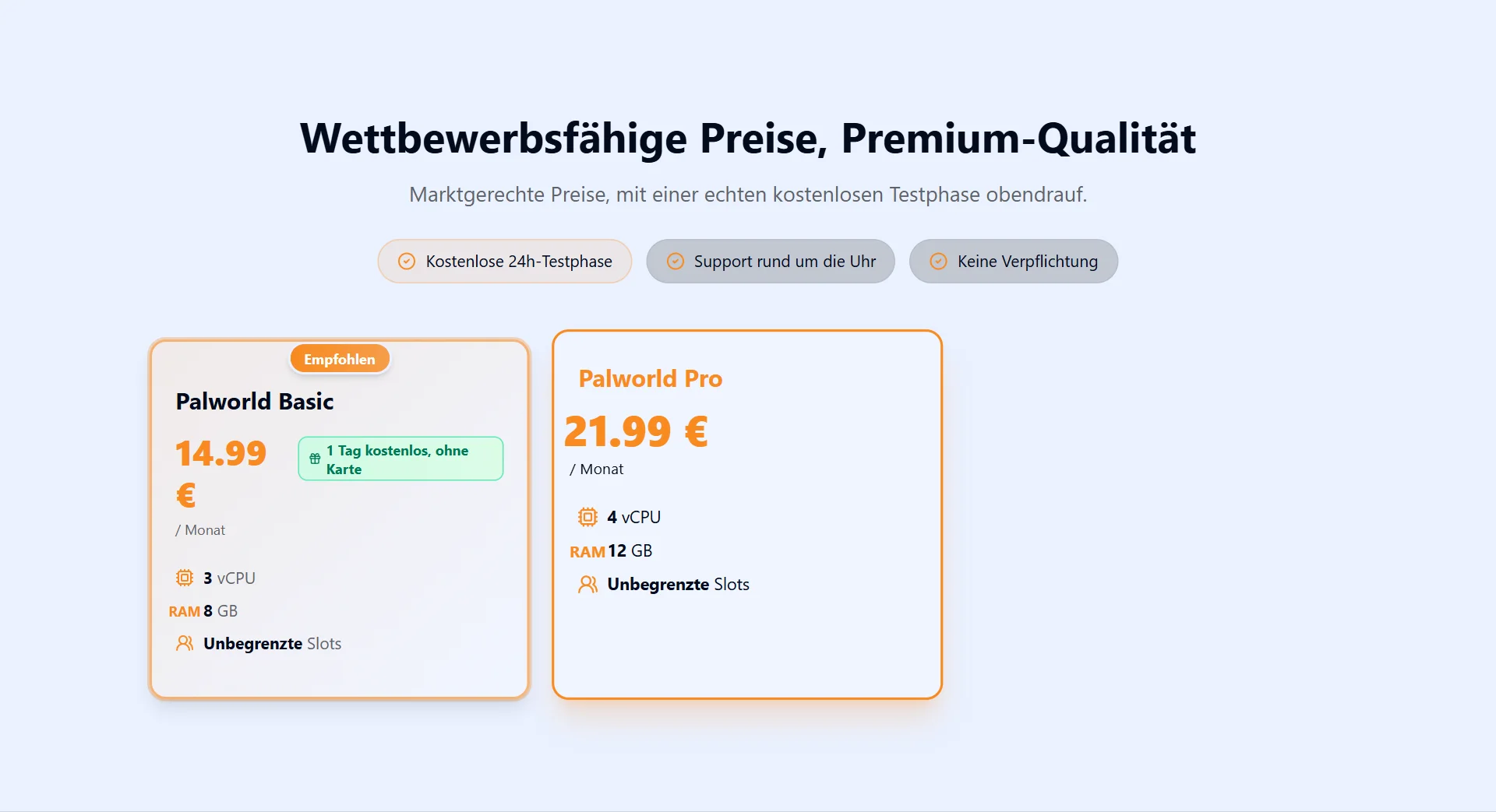 Preis eines Palworld-Servers: Basic-Paket für 14,99 € und Pro für 21,99 € pro Monat, 24 h kostenlos testen