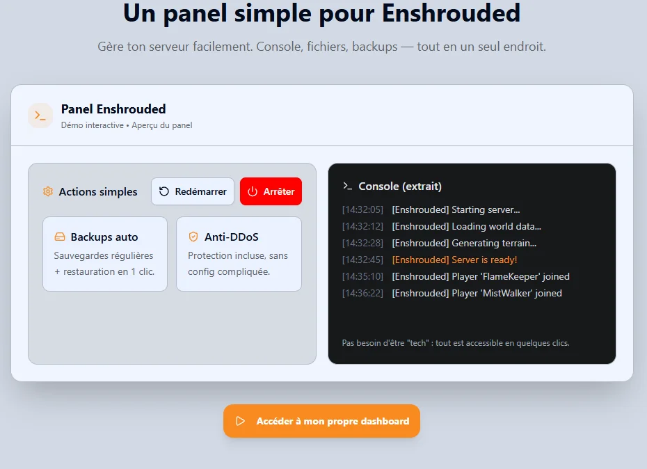 Panel Eokko pour Enshrouded : redémarrage, sauvegardes automatiques, anti-DDoS et console en direct